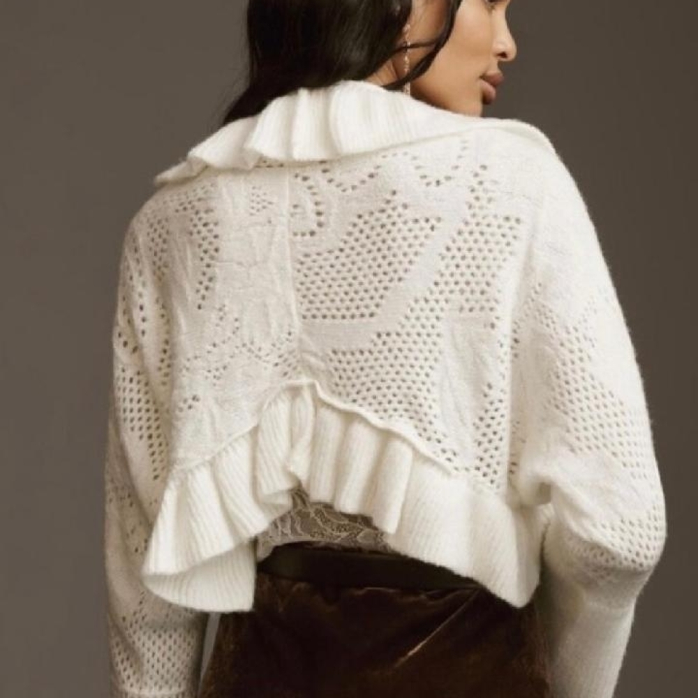 Anthropologie White Open-Knit Bell Sleeve Sweater - Picture 2 of 5
